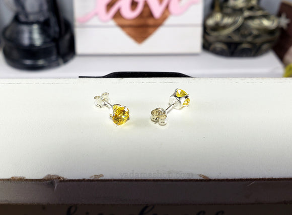 Yellow Citrine Round Cubic Zirconia Stud Earrings 5mm