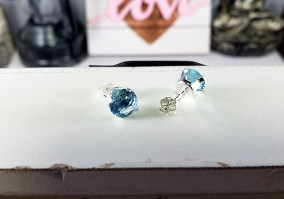 Aqua Round Cubic Zirconia Stud Earrings 7mm