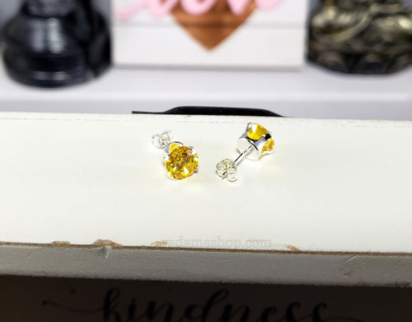 Yellow Citrine Round Cubic Zirconia Stud Earrings 7mm